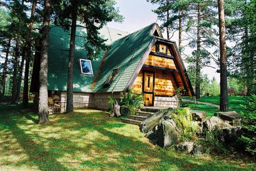 uma cabana na floresta com um telhado verde em Zeleni Čardaci etno apartmani em Kaludjerske Bare