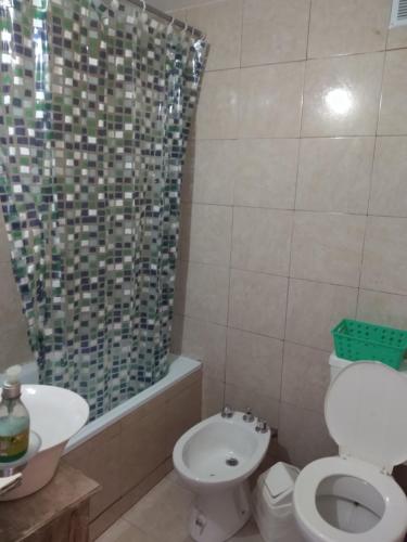 a bathroom with a toilet and a sink and a shower at Departamento Puerto Madryn! Patagonia Beach in Puerto Madryn