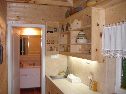 a kitchen with wooden walls and a sink in a room at Zeleni Čardaci etno apartmani in Kaludjerske Bare