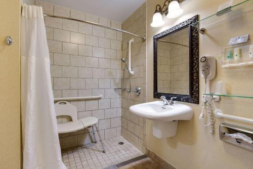 a bathroom with a sink and a toilet and a mirror at Quality Inn Oneonta Cooperstown Area in Oneonta