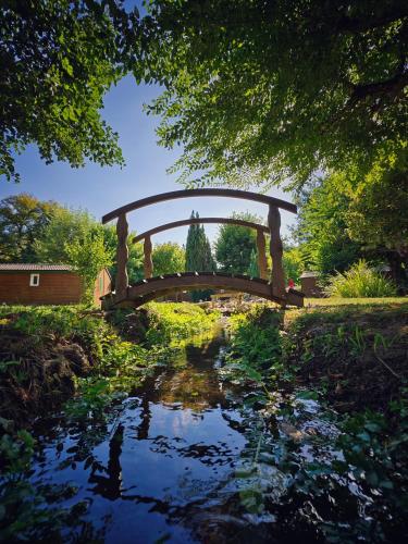 a bridge over a pond in a garden at hôtel gites le clos du moulin in Terrasson-Lavilledieu