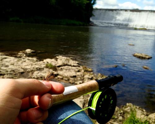 a person holding a stick with a fly on it at Country Inn River Falls in River Falls