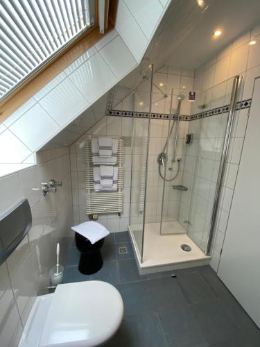 La salle de bains blanche est pourvue d'une douche et de toilettes. dans l'établissement Hotel Restaurant Zur Post, à Odenthal