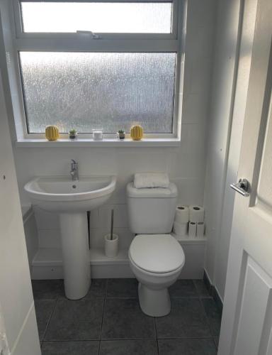 a bathroom with a toilet and a sink and a window at Cozy Flat 15 Mins from City Centre with Parking in Cardiff