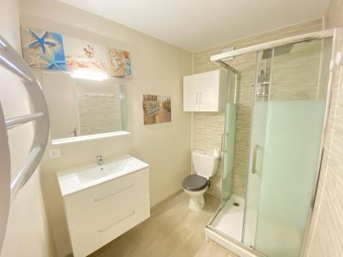 a bathroom with a toilet and a sink and a shower at Maison entre campagne et ville proche Futuroscope in Neuville-de-Poitou