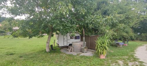 a small caravan sitting under a tree in a field at Uelis-Stöckli-Gästezimmer auf Bauernhof mit Billiard und Alpakatrekking in Meikirch