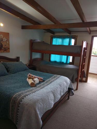 a bedroom with two bunk beds with a teddy bear on the bed at Hostal Valentino Villarrica in Villarrica