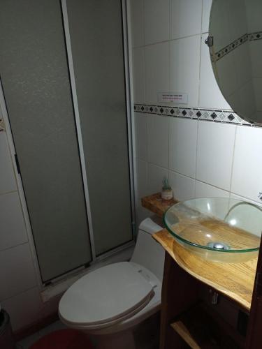 a bathroom with a toilet and a glass sink at Hostal Valentino in Villarrica