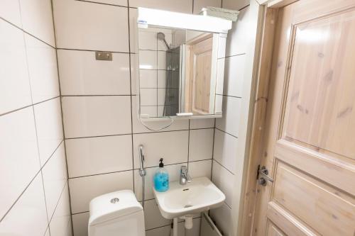 La salle de bains est pourvue de toilettes, d'un lavabo et d'un miroir. dans l'établissement Crow Creek Cabins, à Inari