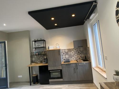 a kitchen with gray cabinets and a black ceiling at Côté Village By Mel & Jérôme 