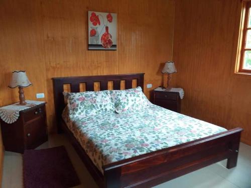 a bedroom with a bed with two nightstands and two lamps at Villa Rosa House in Pinto