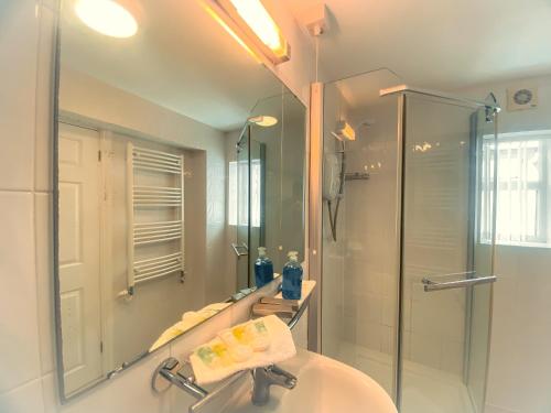 a bathroom with a shower and a sink and a mirror at Hawk House in West Camel