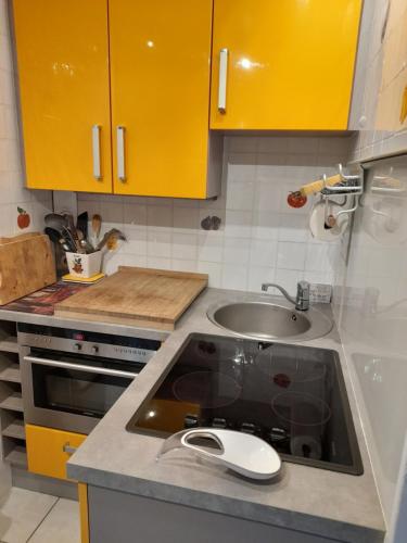 uma cozinha com armários amarelos e um lavatório em les Lauzes em Les Menuires