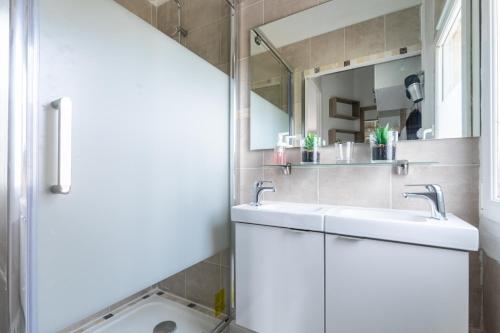une salle de bain avec un lavabo et un miroir dans l'établissement La Galiote, à Bennecourt