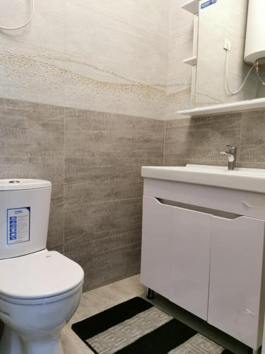 a bathroom with a white toilet and a sink at Aisha in Bishkek