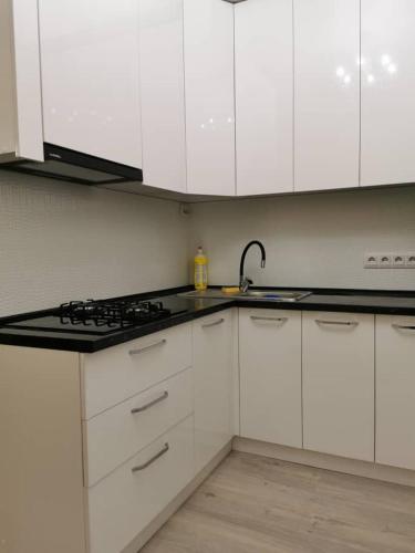 a white kitchen with a stove and white cabinets at Aisha in Bishkek