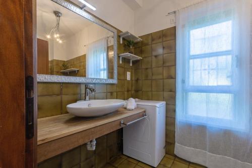 a bathroom with a sink and a mirror at Pontelagoscuro Huge & Residential Apartment in Ferrara