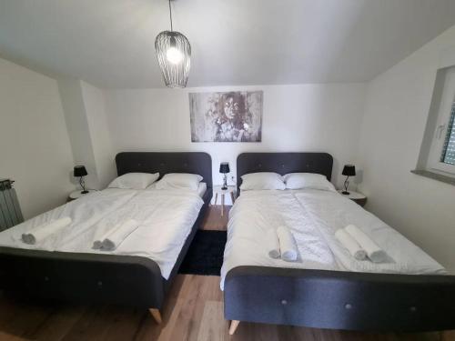 dos camas sentadas una al lado de la otra en un dormitorio en Kuća za odmor Maja, en Ðakovo