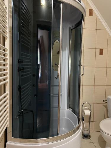 a bathroom with a shower and a toilet and a tub at База відпочинку ШИПОВЕЦЬ in Poroškov