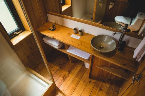 y baño con lavabo y espejo. en Lodge BordeBaker, en Puerto Bertrand