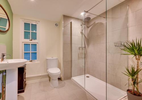 a bathroom with a shower and a toilet and a sink at Garden Lodge in Worlingworth