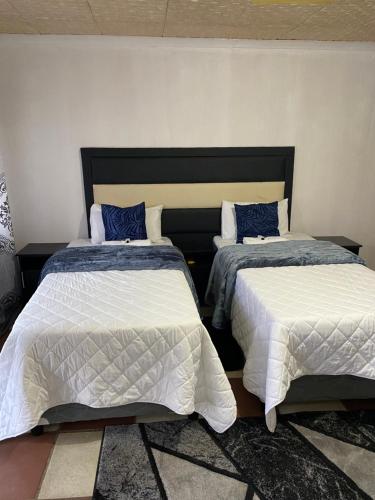 two beds sitting next to each other in a bedroom at Soweto Towers Guest Accommodation in Soweto