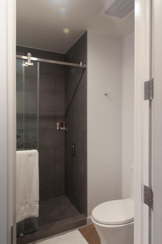 a bathroom with a toilet and a glass shower at Residencias Cityzen cerca del Aeropuerto in Echeverría