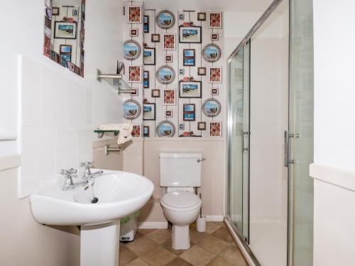 a bathroom with a toilet and a sink and a shower at 2 Old Talbot Cottages in Lostwithiel