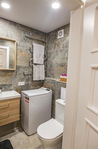a bathroom with a toilet and a sink at Šviesus ir jaukus butas Šiaulių centre puiki vieta poilsiui in Šiauliai