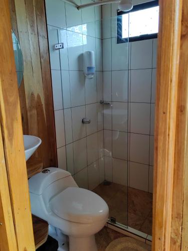 a bathroom with a toilet and a glass shower at Onca Tours & Treehouses in San Rafael