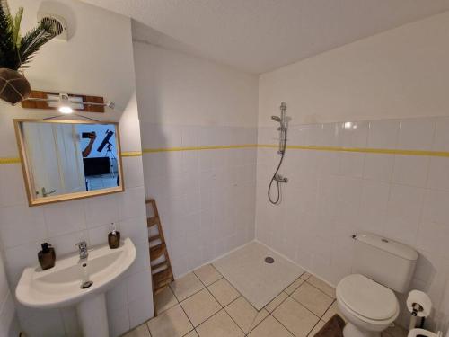 a bathroom with a toilet and a sink and a shower at RELAX superbe appartement avec vue imprenable in Bois la Charles