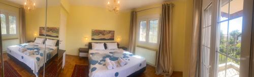 2 Betten in einem Zimmer mit 2 Fenstern in der Unterkunft Villa Ariadni in Plagiárion