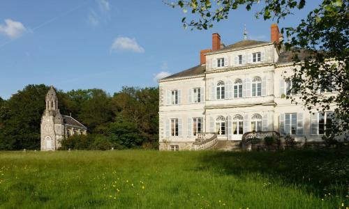 ein altes Haus mit einem Grasfeld davor in der Unterkunft Chateau du Hallay in Montaigu-Vendée