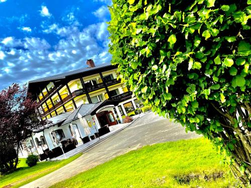 a view of a building with a road in front at Landhotel GrünWies -Bonsai-Wellness Garni in Lohberg