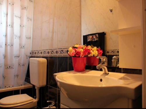 a bathroom with a toilet and a sink with flowers on it at Apartments Anita in Cavtat