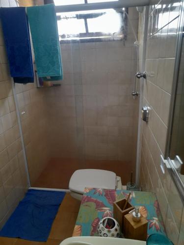a small bathroom with a toilet and a shower at Katsbarnea Hostel in Florianópolis