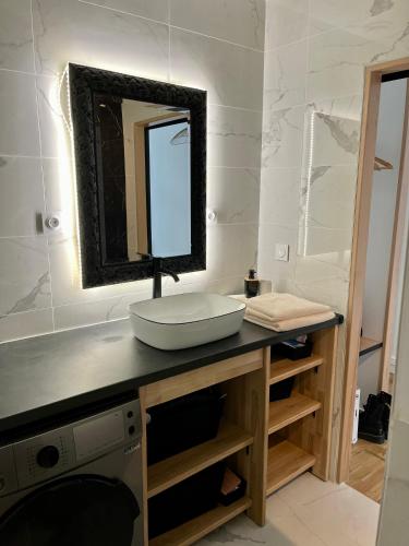 une salle de bain avec un lavabo et un miroir sur un comptoir dans l'établissement Ravissant loft avec parking souterrain gratuit sur place, à Ivry-sur-Seine