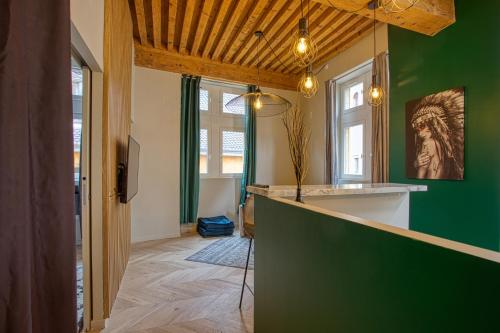 a kitchen with green walls and a counter top at Superbe appartement presqu'île in Lyon