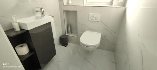 een witte badkamer met een toilet en een wastafel bij Neue Doppelhaushälfte mit Terrasse, Balkon und Garten in Remscheid