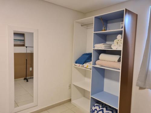 a walk in closet with blue shelves and a mirror at Apartamento Beira mar Praia dos Caneiros in Tamandaré