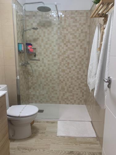 e bagno con doccia, servizi igienici e lavandino. di Magnífico apartamento vistas increíbles al océano-Caletillas-Candelaria ad Araya