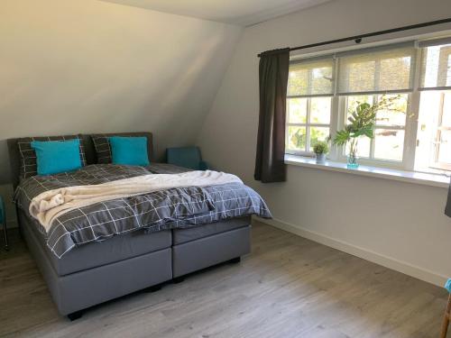 a bedroom with a bed with blue pillows and a window at Bed en Boomgaard in Giethoorn