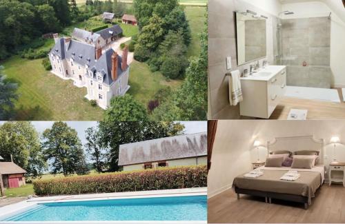 een collage van foto's van een huis en een zwembad bij La Moyendrie in Les Montils