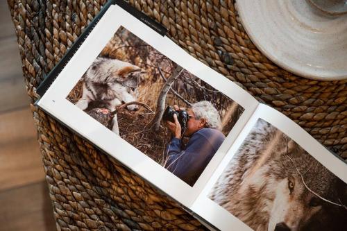 a picture of a man taking a picture of a wolf at Private Off Grid Chalet Nestled in Nature With Waterfront Access Near Algonquin Park in Barrys Bay