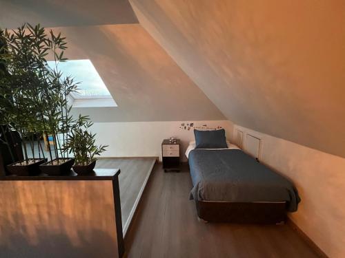 a bedroom with a bed and some potted plants at Gran Apart Hotel Chillan - Monte Piedra - Factura Empresas - Parking - wifi - servicio adicional pensión completa in Chillán