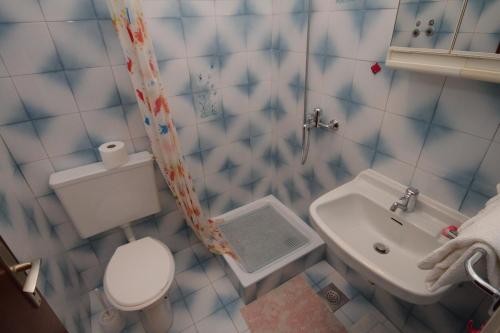 niebiesko-biała łazienka z toaletą i umywalką w obiekcie Apartment Labin 7468a w mieście Labin