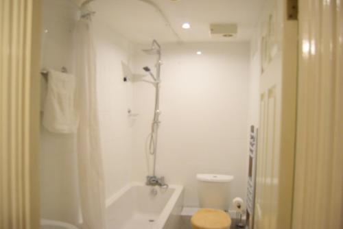 a bathroom with a shower and a toilet and a tub at Remarkable 2-Bedroom Apartment with an EnSite in London