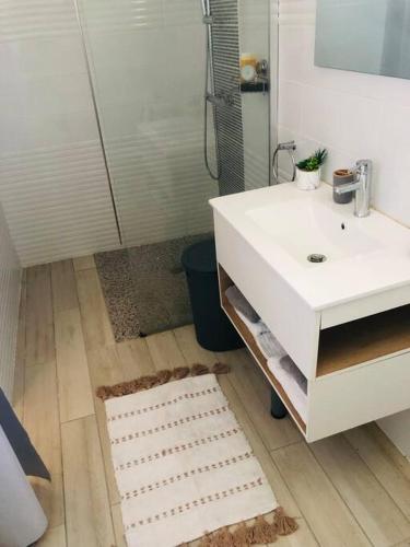 a bathroom with a white sink and a shower at Au cœur des montagnes in Capesterre-Belle-Eau
