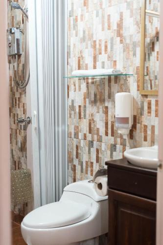 a bathroom with a toilet and a sink at Cabañas del Rio in Fortuna