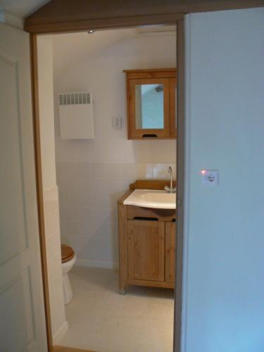 une salle de bain avec un lavabo et des toilettes dans l'établissement Le Petit Moulin, à Saint-Hilaire